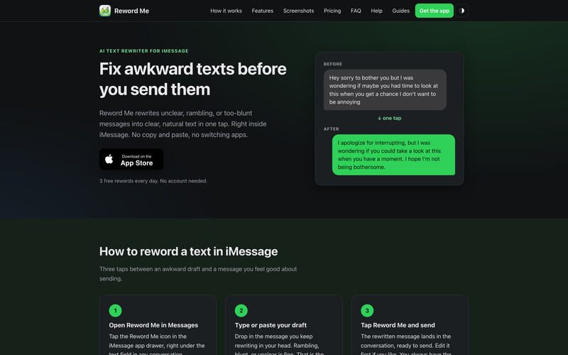 Reword Me, an AI text rewriter for iMessage